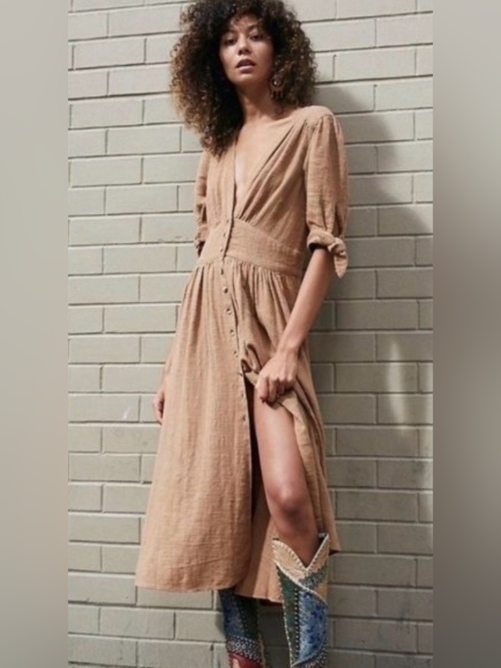 Free People Love of my Life Button Front V Neck Midi Dress Khaki Brown Large
